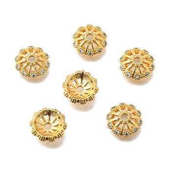 Brass Micro Pave Clear Cubic Zirconia Bead Caps, Flower, Cadmium Free & Lead Free, Rack Plating, Long-Lasting Plated, Real 24K Gold Plated, 10.5x3.2mm, Hole: 1.8mm