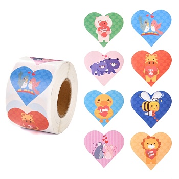 Valentine's Day Theme Paper Gift Tag Stickers, 8 Style Heart Shape & Animal Pattern Adhesive Labels Roll Stickers, for Party, Decorative Presents, Colorful, 4.1cm, about 500pcs/roll