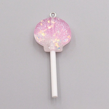 Resin Pendants, with Platinum Tone Iron Loop and Paillette/Sequins, Plastic Handle, Shell Lollipop, Pearl Pink, 50x20x10mm