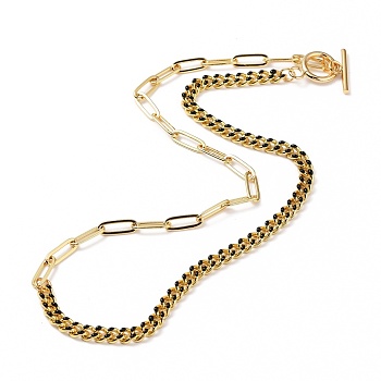 Chain Necklaces, with Brass Enamel Curb Chains & Paperclip Chains, 304 Stainless Steel Toggle Clasps, Real 18K Gold Plated, Black, 17-3/8 inch(44cm)