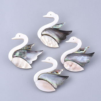 Shell Brooches/Pendants, with Iron Findings, Swan, Platinum, Misty Rose, 47~48x42~46x13~14mm, Hole: 6.5mm, Pin: 0.6mm