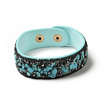 Flannelette Snap Bracelets, with Alloy Button and Natural Gemstone, Cyan, 65mm(2-1/2 inch)