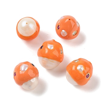 Natural Pearl with Cubic Zirconia Enamel Beads, Hand Drawn Beads, Mushroom, Dark Orange, 17~18x15~17x15~17mm, Hole: 0.5mm