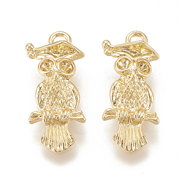 Brass Pendant Rhinestone Settings, Owl, Real 18K Gold Plated, Fit for 2mm Rhinestone, 22.5x10x6.5mm, Hole: 2mm