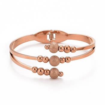 201 Stainless Steel Ball Beaded Open Bangle, Ion Plating(IP) 304 Stainless Steel Jewelry for Women, Rose Gold, Inner Diameter: 1-3/4x2-3/8 inch(4.5x5.9cm)