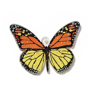 Printed Acrylic Pendants, with Sequins, Butterfly Charm, Champagne Yellow, 28x37.5x2.2mm, Hole: 1.7mm