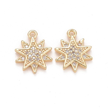 Brass Micro Pave Clear Cubic Zirconia Charms, Lead Free & Cadmium Free, Star, Light Gold, 14x11x2mm, Hole: 1.2mm