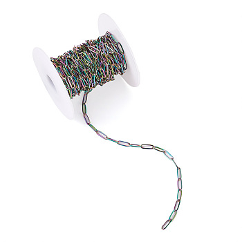 Vacuum Plating 304 Stainless Steel Paperclip Chains, Drawn Elongated Cable Chains, Soldered, with Spool, Rainbow Color, 3.5x0.8mm, 5m/roll