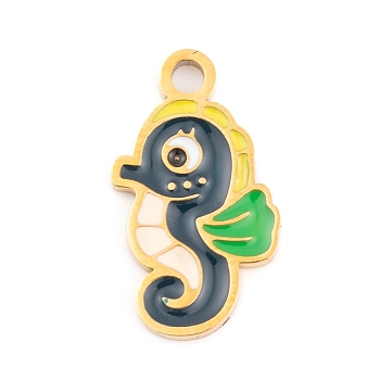 Ion Plating(IP) 304 Stainless Steel Pendants, with Enamel, Real 18K Gold Plated, Sea Animals Charm, Sea Horse, 16.5x9.5x1.5mm, Hole: 1.5mm