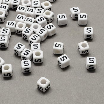 Large Hole Acrylic Letter European Beads, Horizontal Hole, White & Black, Cube with Letter.S, 6x6x6mm, Hole: 4mm