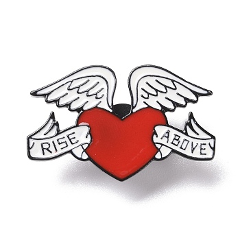 Rise Above Word Enamel Pin, Heart with Wing Alloy Badge for Backpack Clothes, Electrophoresis Black, Red, 25x40.5x1.5mm, Pin: 1.3mm