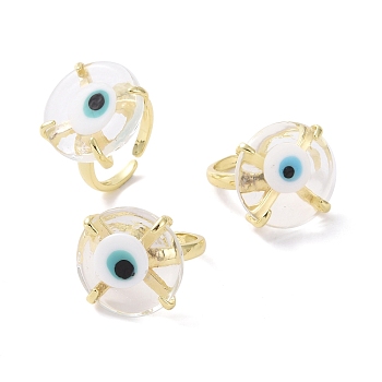 Lampwork Evil Eye Open Cuff Ring, Golden Brass Lucky Jewelry for Women, Lead Free & Cadmium Free, Blue, Inner Diameter: 16mm