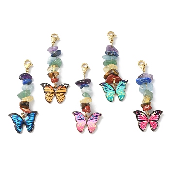 Butterfly Alloy Enamel Pendant Decorations, with Natural Gemstone Chips and 304 Stainless Steel Lobster Claw Clasps, Mixed Color, 57mm