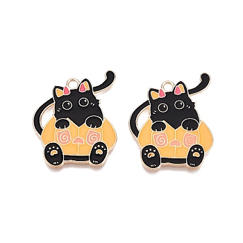 Halloween Theme Alloy Enamel Pendants, Cadmium Free & Lead Free, Light Gold, Cat with Pumpkin Charm, Black, 29.5x24x1mm, Hole: 2mm