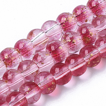 Transparent Spray Painted Glass Bead Strands, with Golden Foil, Round, Camellia, 4~5mm, Hole: 0.9~1.2mm, about 95~103pcs/Strand, 13.78 inch~14.88 inch(35~37.8cm)