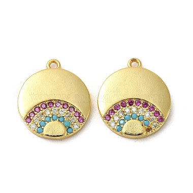 Golden Mixed Color Flat Round Brass+Cubic Zirconia Pendants