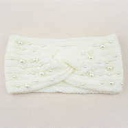 Acrylic Fiber Knitted Yarn Warmer Headbands, with Plastic Imitation Pearl, Soft Stretch Thick Cable Knit Head Wrap for Women, Floral White, 210x110mm(COHT-PW0002-21B)