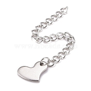 304 Stainless Steel Chain Extender, Curb Chain, with 202 Stainless Steel Charms, Heart, Stainless Steel Color, 63mm, Link: 3.7x3x0.5mm, Heart: 8.5x11x1mm(STAS-F268-49P)