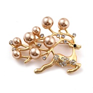 Deer Alloy Brooch with Resin Pearl, Exquisite Rhinestone Animal Lapel Pin for Girl Women, Golden, Gold, 40x49x10mm, Pin: 0.8mm(JEWB-O009-17)