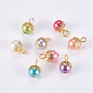 Glass Pearl Pendants, with Iron Findings, Round, Golden, 13~14x8mm, Hole: 3mm(IFIN-F142-08G)