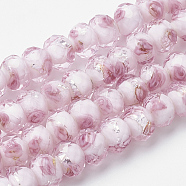 Handmade Silver Foil Glass Lampwork Beads Strands, Inner Flower, Faceted Rondelle, Pink, 11~12x8~9mm, Hole: 1.6~2mm, about 45pcs/strand, 17.3 inch(LAMP-R141-12mm-14)
