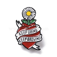 Word Keep Going Keep Growing Enamel Pin, Heart with Sunflower Alloy Badge for Backpack Clothing, Electrophoresis Black, Red, 32x20x1.5mm, Pin: 1.3mm(JEWB-H006-41EB)