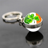 Saint Patrick's Day Glass Double-sided Ball Keychains, with Alloy Finding, for Backpack, Keychain Decor, Clover Pattern, Platinum, 8cm(PW-WG29681-12)