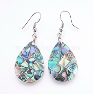 Abalone Shell/Paua Shell Dangle Earrings, with Brass Findings, teardrop, Platinum, 53.5~54mm, Pin: 0.7mm(EJEW-F147-C03)