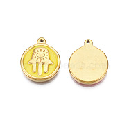 304 Stainless Steel Enamel Pendants, Real 18K Gold Plated, Flat Round with Hamsa Hand, Yellow, 18x15x2.5mm, Hole: 1.2mm(STAS-N092-150B)