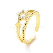 Clear Cubic Zirconia Hollow Out Star Open Cuff Ring, Brass Jewelry for Women, Golden, Inner Diameter: 17.2mm(RJEW-H127-33G)