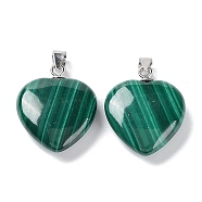Natural Malachite Pendants, Heart Charms, with Platinum Plated 925 Sterling Snap on Bails, 18.5x15x5.5mm, Hole: 4x3mm(G-M407-04B-P)