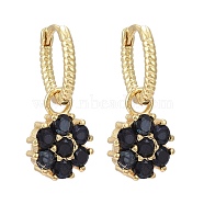 Brass Micro Pave Cubic Zirconia Huggie Hoop Earrings, Long-Lasting Plated, Flower, Black, Real 18K Gold Plated, 24mm, Pin: 0.8mm(EJEW-K083-25G-A)