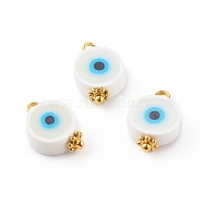 Handmade Polymer Clay Charms, with Golden Brass Loops, Flat Round with Evil Eye, White, 14x10x4mm, Hole: 2mm(PALLOY-JF00704)
