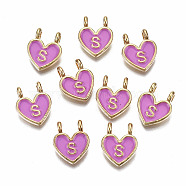 Alloy Enamel Charms, Cadmium Free & Lead Free, Heart with Initial Letters, Light Gold, Orchid, Letter.S, 14.5x11.5x4.5mm, Hole: 2mm(X-ENAM-T012-02S-RS)