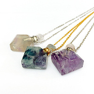 Natural Fluorite Perfume Bottle Pendant Necklaces, with Brass Cable Chains, Lobster Claw Clasps and Plastic Dropper, Rhombus, Platinum & Golden, 50~55cm, Bottle Capacity: 0.15~0.3ml(0.005~0.01 fl. oz), 2mm(NJEW-F266-03)