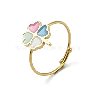 Clover 304 Stainless Steel Enamel Ring, 316 Surgical Stainless Steel Open Cuff Ring for Women, Real 18K Gold Plated, Adjustable(RJEW-A038-02G)