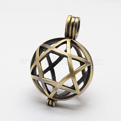 Filigree Round with Star of David Brass Locket Pendants, for Jewish, Cage Pendants, Lead Free & Cadmium Free, Antique Bronze, 37x25.5x22mm, Hole: 6x4mm, Inner: 22mm(X-KK-N0093-10AB-RS)