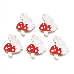 Autumn Theme Rack Plating Alloy Enamel Pendants, Cadmium Free & Nickel Free & Lead Free, Light Gold, Rabbit with Mushroom, Red, 26x22.5x1mm, Hole: 2mm(ENAM-N055-072)