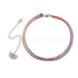 Waxed Polyester Cord Choker Necklaces, with Tibetan Style Alloy Lotus Charms and Brass Curb Extender Chains, Zinc Alloy Lobster Claw Clasps, Colorful, 12.5 inch(32cm), 8mm(NJEW-JN02429)