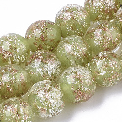 Handmade Gold Sand Lampwork Beads Strands, Luminous, Round, Light Green, 11.5~12.5x11~12mm, Hole: 1mm, about 45pcs/Strand, 19.69 inch(LAMP-T007-06H)