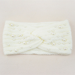 Acrylic Fiber Knitted Yarn Warmer Headbands, with Plastic Imitation Pearl, Soft Stretch Thick Cable Knit Head Wrap for Women, Floral White, 210x110mm(COHT-PW0002-21B)