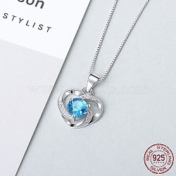 Anti-Tarnish Rhodium Plated 925 Sterling Silver Pendants, with Cubic Zirconia, Heart, Deep Sky Blue, Platinum, 13mm(ZIRC-BB50406-D)