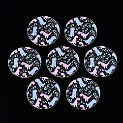 Transparent Printed Acrylic Pendants, with Glitter Powder, Flat Round with Dinosaur, Pink, 38x2.5mm, Hole: 1.4mm(TACR-S135-034)