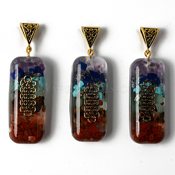 Rectangle Epoxy Resin Big Pendants, with Natural Amethyst & Lapis Lazuli & Sodalite & Green Aventurine & Tiger Eye & Carnelian & Red Jasper Chips inside, and Brass Sticker, Alloy Bails, Chakra Theme, 55~58x20~22x10.5~11.5mm, Hole: 4.5x9mm(G-R478-19B)