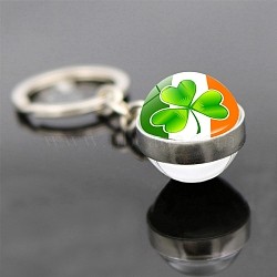 Saint Patrick's Day Glass Double-sided Ball Keychains, with Alloy Finding, for Backpack, Keychain Decor, Clover Pattern, Platinum, 8cm(PW-WG29681-12)