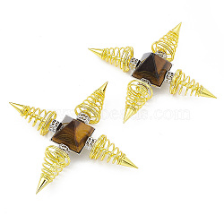 Golden Brass Spritual Energy Generator, with Natural Tiger Eye Pyramid and Conductive Coils, for Body Healing, Reiki Balancing Chakras, Aura Cleansing, Protection, Darts, 113.5x113.5x32mm(DJEW-P003-01G-06)