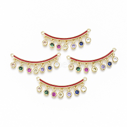 Brass Micro Pave Cubic Zirconia Links connectors, with Enamel, Curved, Strip with Flat Round, Golden, Red, 15x36x2.5mm, Hole: 1.2mm(ZIRC-T005-021G-02)