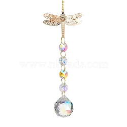 Iron Hanging Ornaments, Glass AB Color Octagonal Beads Tassel Suncatchers for Outdoor Garden Dcorations, Dragonfly, 340mm(AJEW-H154-03D)