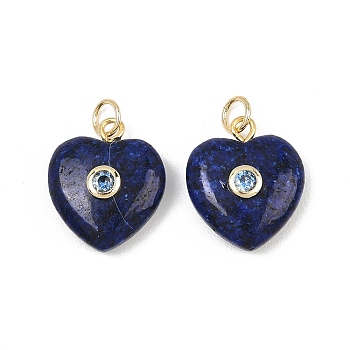 Natural Lapis Lazuli Pendants, Heart Charms with Brass Pave Cubic Zirconia Findings, Real 18K Gold Plated, Cadmium Free & Lead Free, Rack Plating, Long-Lasting Plated, 18~18.5x15x6~7mm, Hole: 3mm