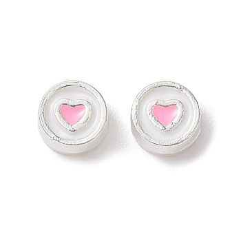 Silver Tone Alloy Enamel Beads, Flat Round with Heart Pattern, Pink, 5x3mm, Hole: 1.2mm